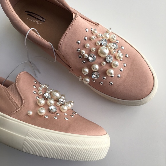 Mossimo Raquel Pink Satin Jeweled Pearl Sneakers - Picture 5 of 6